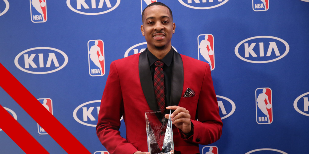 Portland's CJ McCollum accepting the Most Improved Player award. 